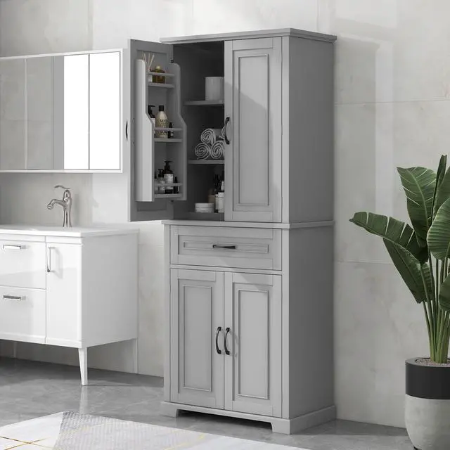 Alt view image 2 of 7 - Bathroom Storage Cabinet with Doors and Drawer, Multiple Storage Space, Adjustable Shelf, Grey
