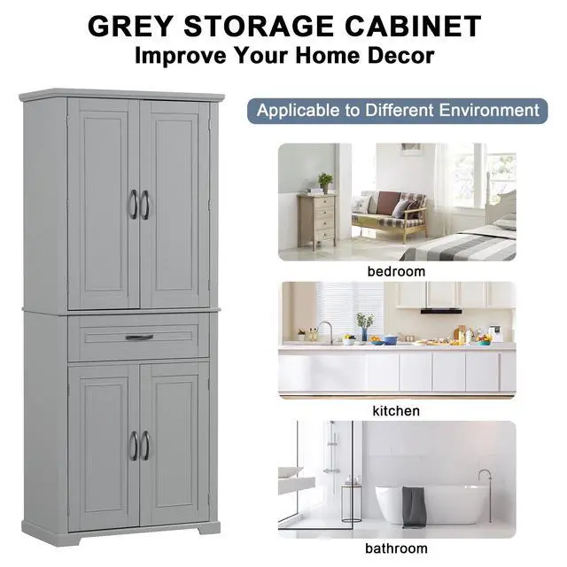 Alt view image 5 of 7 - Bathroom Storage Cabinet with Doors and Drawer, Multiple Storage Space, Adjustable Shelf, Grey