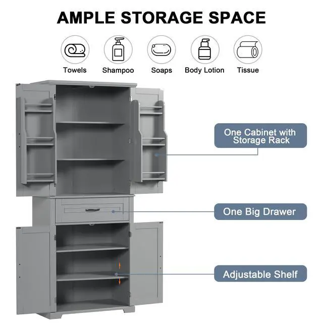 Alt view image 6 of 7 - Bathroom Storage Cabinet with Doors and Drawer, Multiple Storage Space, Adjustable Shelf, Grey