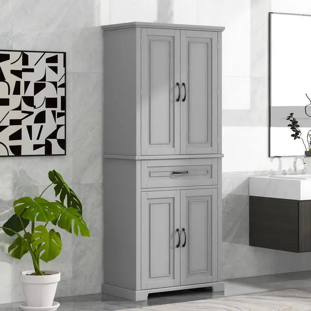 Alt view image 4 of 7 - Bathroom Storage Cabinet with Doors and Drawer, Multiple Storage Space, Adjustable Shelf, Grey