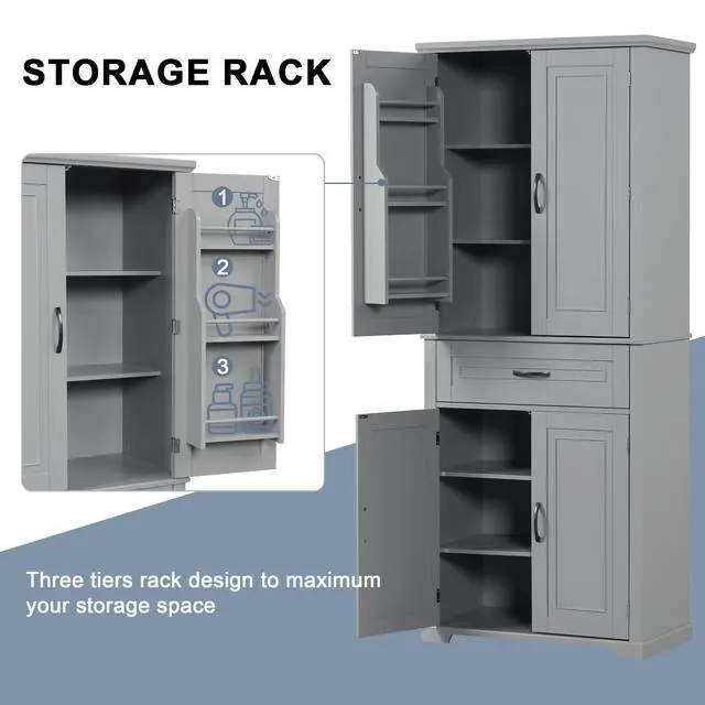 Alt view image 7 of 7 - Bathroom Storage Cabinet with Doors and Drawer, Multiple Storage Space, Adjustable Shelf, Grey