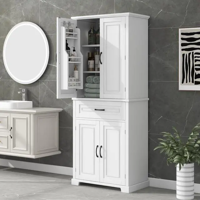 Alt view image 2 of 7 - Bathroom Storage Cabinet with Doors and Drawer, Multiple Storage Space, Adjustable Shelf, White