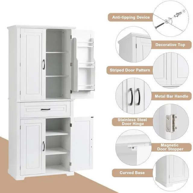 Alt view image 5 of 7 - Bathroom Storage Cabinet with Doors and Drawer, Multiple Storage Space, Adjustable Shelf, White