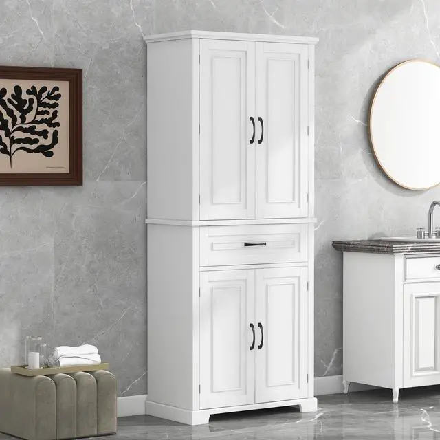 Alt view image 4 of 7 - Bathroom Storage Cabinet with Doors and Drawer, Multiple Storage Space, Adjustable Shelf, White