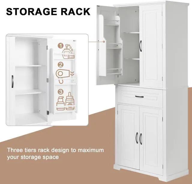 Alt view image 7 of 7 - Bathroom Storage Cabinet with Doors and Drawer, Multiple Storage Space, Adjustable Shelf, White