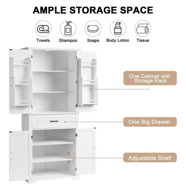 Alt view image 6 of 7 - Bathroom Storage Cabinet with Doors and Drawer, Multiple Storage Space, Adjustable Shelf, White