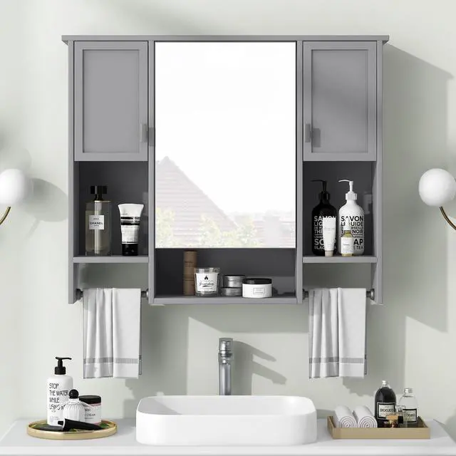 Alt view image 2 of 7 - 35'' x 28'' Modern Wall Mounted Bathroom Storage Cabinet, Bathroom Wall Cabinet with Mirror, Medicine Cabinet with Towels Bar