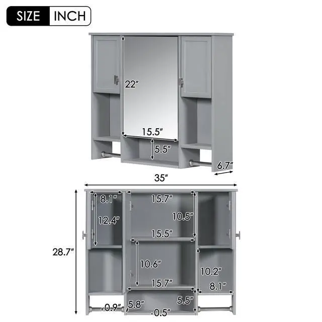 Alt view image 3 of 7 - 35'' x 28'' Modern Wall Mounted Bathroom Storage Cabinet, Bathroom Wall Cabinet with Mirror, Medicine Cabinet with Towels Bar