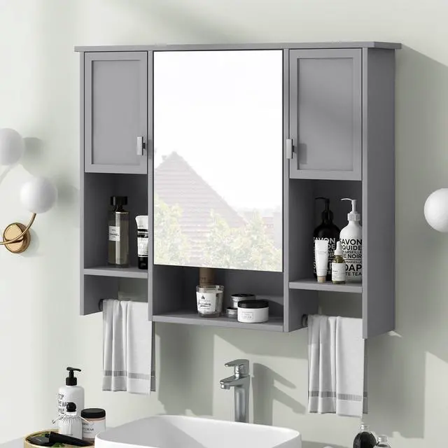 Alt view image 4 of 7 - 35'' x 28'' Modern Wall Mounted Bathroom Storage Cabinet, Bathroom Wall Cabinet with Mirror, Medicine Cabinet with Towels Bar