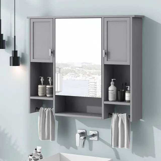 Alt view image 6 of 7 - 35'' x 28'' Modern Wall Mounted Bathroom Storage Cabinet, Bathroom Wall Cabinet with Mirror, Medicine Cabinet with Towels Bar