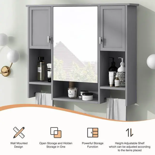 Alt view image 7 of 7 - 35'' x 28'' Modern Wall Mounted Bathroom Storage Cabinet, Bathroom Wall Cabinet with Mirror, Medicine Cabinet with Towels Bar