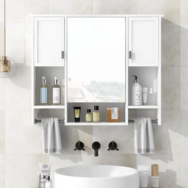 Alt view image 2 of 7 - 35'' x 28'' Modern Wall Mounted Bathroom Storage Cabinet, Bathroom Wall Cabinet with Mirror, Medicine Cabinet with Towels Bar