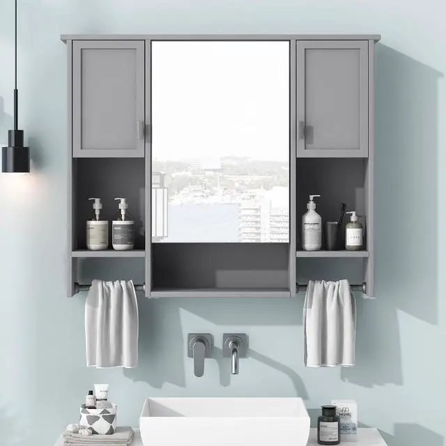 Alt view image 5 of 7 - 35'' x 28'' Modern Wall Mounted Bathroom Storage Cabinet, Bathroom Wall Cabinet with Mirror, Medicine Cabinet with Towels Bar