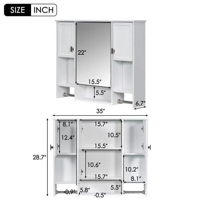 Alt view image 3 of 7 - 35'' x 28'' Modern Wall Mounted Bathroom Storage Cabinet, Bathroom Wall Cabinet with Mirror, Medicine Cabinet with Towels Bar