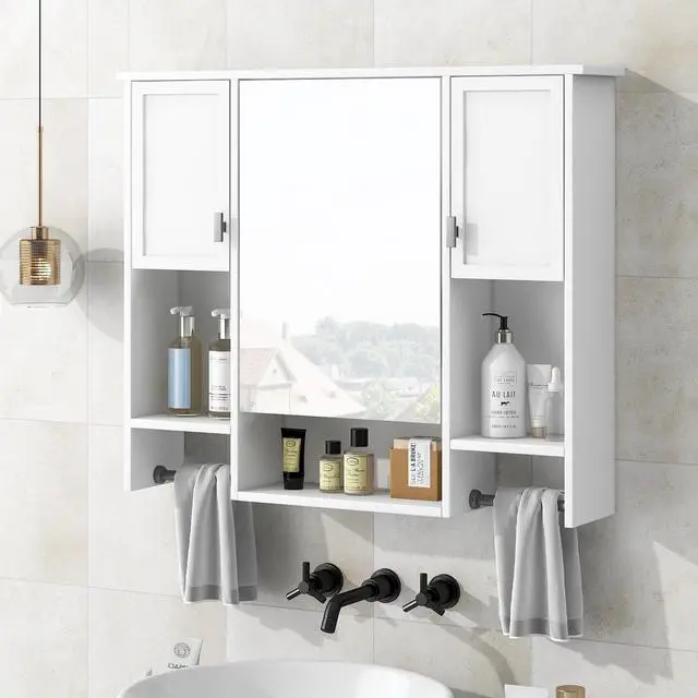 Alt view image 4 of 7 - 35'' x 28'' Modern Wall Mounted Bathroom Storage Cabinet, Bathroom Wall Cabinet with Mirror, Medicine Cabinet with Towels Bar
