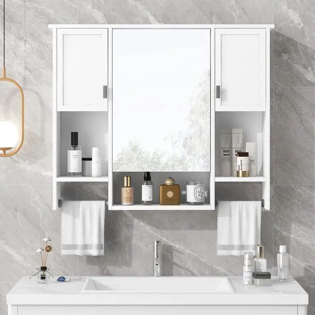 Alt view image 5 of 7 - 35'' x 28'' Modern Wall Mounted Bathroom Storage Cabinet, Bathroom Wall Cabinet with Mirror, Medicine Cabinet with Towels Bar