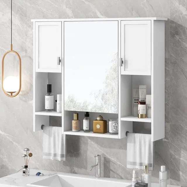 Alt view image 6 of 7 - 35'' x 28'' Modern Wall Mounted Bathroom Storage Cabinet, Bathroom Wall Cabinet with Mirror, Medicine Cabinet with Towels Bar