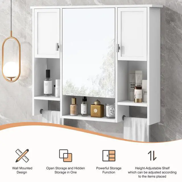 Alt view image 7 of 7 - 35'' x 28'' Modern Wall Mounted Bathroom Storage Cabinet, Bathroom Wall Cabinet with Mirror, Medicine Cabinet with Towels Bar