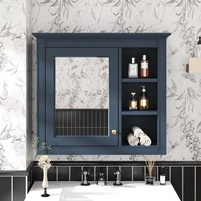 Alt view image 2 of 7 - 30'' x 28'' Medicine Cabinet, Wall Mounted Bathroom Storage Cabinet, Modern Bathroom Wall Cabinet with Mirror,Medicine Cabinet, Mirror Cabinet with 3 Open Shelves (Not Include Bathroom Vanity )