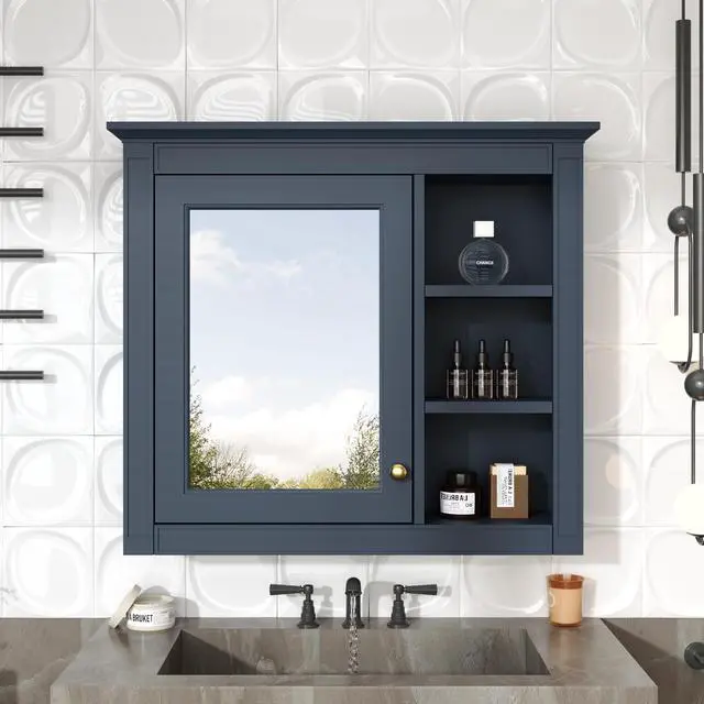 Alt view image 4 of 7 - 30'' x 28'' Medicine Cabinet, Wall Mounted Bathroom Storage Cabinet, Modern Bathroom Wall Cabinet with Mirror,Medicine Cabinet, Mirror Cabinet with 3 Open Shelves (Not Include Bathroom Vanity )