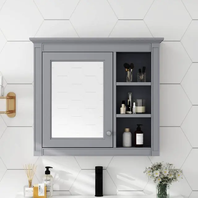 Alt view image 2 of 7 - 30'' x 28'' Medicine Cabinet, Wall Mounted Bathroom Storage Cabinet, Modern Bathroom Wall Cabinet with Mirror,Medicine Cabinet, Mirror Cabinet with 3 Open Shelves (Not Include Bathroom Vanity )