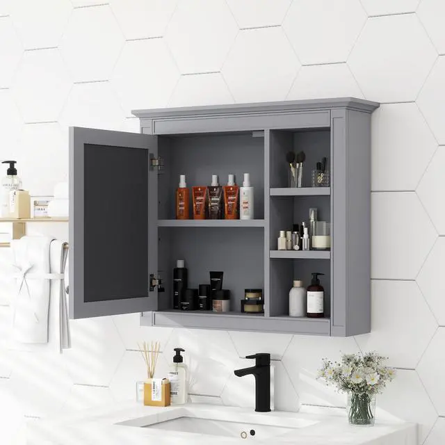 Alt view image 5 of 7 - 30'' x 28'' Medicine Cabinet, Wall Mounted Bathroom Storage Cabinet, Modern Bathroom Wall Cabinet with Mirror,Medicine Cabinet, Mirror Cabinet with 3 Open Shelves (Not Include Bathroom Vanity )