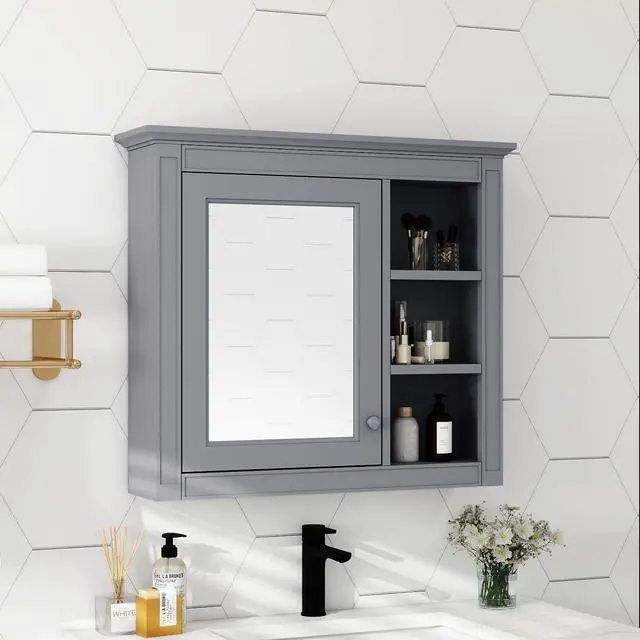 Alt view image 4 of 7 - 30'' x 28'' Medicine Cabinet, Wall Mounted Bathroom Storage Cabinet, Modern Bathroom Wall Cabinet with Mirror,Medicine Cabinet, Mirror Cabinet with 3 Open Shelves (Not Include Bathroom Vanity )