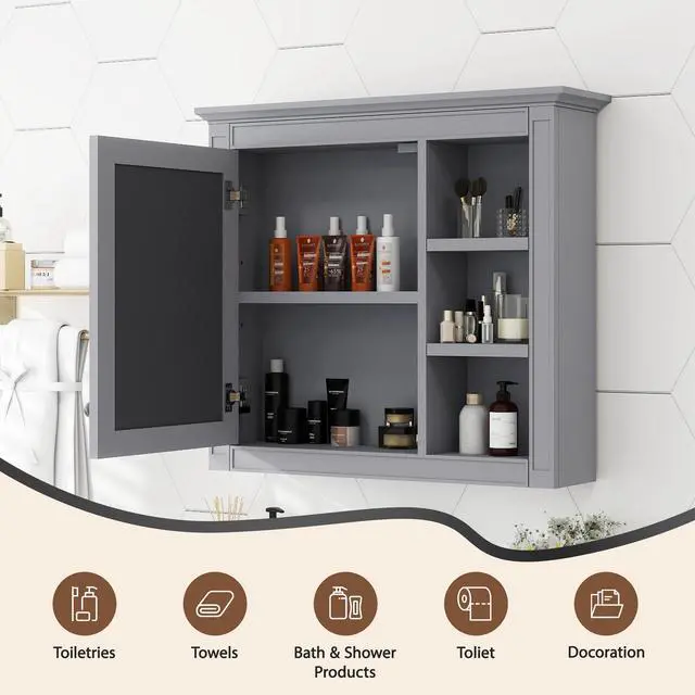 Alt view image 6 of 7 - 30'' x 28'' Medicine Cabinet, Wall Mounted Bathroom Storage Cabinet, Modern Bathroom Wall Cabinet with Mirror,Medicine Cabinet, Mirror Cabinet with 3 Open Shelves (Not Include Bathroom Vanity )