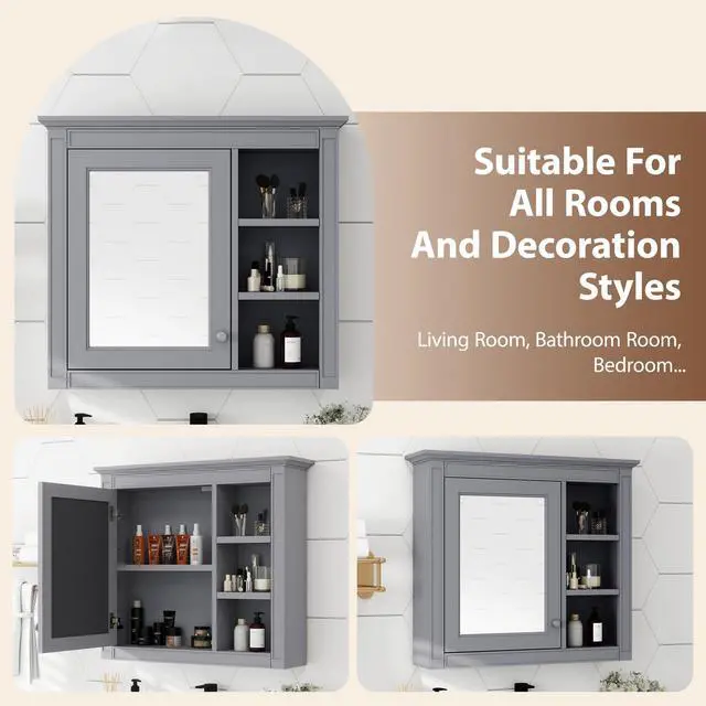 Alt view image 7 of 7 - 30'' x 28'' Medicine Cabinet, Wall Mounted Bathroom Storage Cabinet, Modern Bathroom Wall Cabinet with Mirror,Medicine Cabinet, Mirror Cabinet with 3 Open Shelves (Not Include Bathroom Vanity )