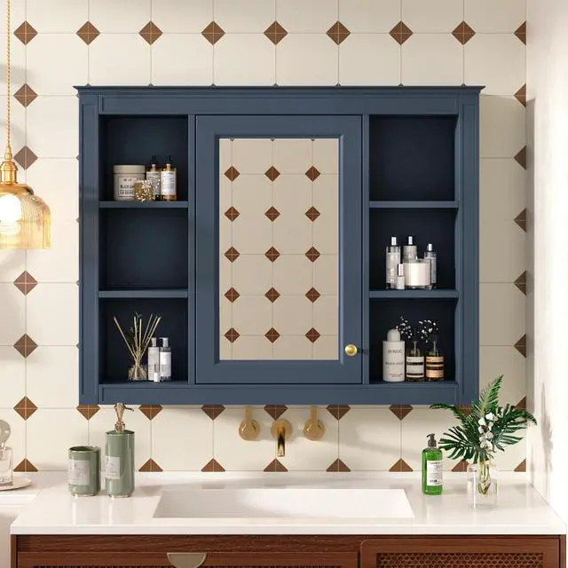 Alt view image 2 of 7 - 35'' x 28'' Medicine Cabinet, Wall Mounted Bathroom Storage Cabinet, Modern Bathroom Wall Cabinet with Mirror, Mirror Cabinet with 6 Open Shelves (Not Include Bathroom Vanity )