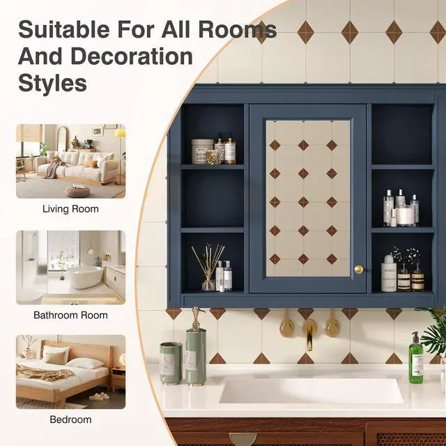 Alt view image 5 of 7 - 35'' x 28'' Medicine Cabinet, Wall Mounted Bathroom Storage Cabinet, Modern Bathroom Wall Cabinet with Mirror, Mirror Cabinet with 6 Open Shelves (Not Include Bathroom Vanity )