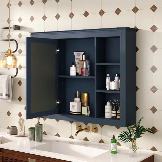 Alt view image 4 of 7 - 35'' x 28'' Medicine Cabinet, Wall Mounted Bathroom Storage Cabinet, Modern Bathroom Wall Cabinet with Mirror, Mirror Cabinet with 6 Open Shelves (Not Include Bathroom Vanity )