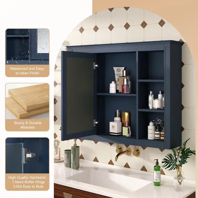Alt view image 6 of 7 - 35'' x 28'' Medicine Cabinet, Wall Mounted Bathroom Storage Cabinet, Modern Bathroom Wall Cabinet with Mirror, Mirror Cabinet with 6 Open Shelves (Not Include Bathroom Vanity )