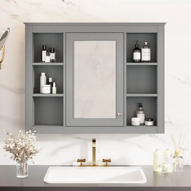 Alt view image 2 of 7 - 35'' x 28'' Medicine Cabinet, Wall Mounted Bathroom Storage Cabinet, Modern Bathroom Wall Cabinet with Mirror, Mirror Cabinet with 6 Open Shelves (Not Include Bathroom Vanity )