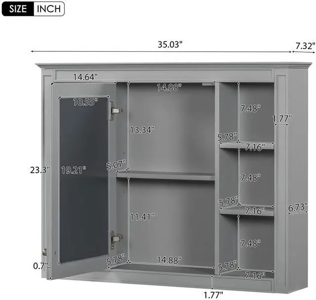 Alt view image 3 of 7 - 35'' x 28'' Medicine Cabinet, Wall Mounted Bathroom Storage Cabinet, Modern Bathroom Wall Cabinet with Mirror, Mirror Cabinet with 6 Open Shelves (Not Include Bathroom Vanity )