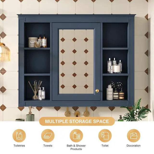 Alt view image 7 of 7 - 35'' x 28'' Medicine Cabinet, Wall Mounted Bathroom Storage Cabinet, Modern Bathroom Wall Cabinet with Mirror, Mirror Cabinet with 6 Open Shelves (Not Include Bathroom Vanity )
