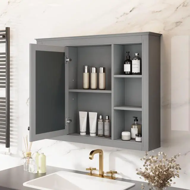 Alt view image 4 of 7 - 35'' x 28'' Medicine Cabinet, Wall Mounted Bathroom Storage Cabinet, Modern Bathroom Wall Cabinet with Mirror, Mirror Cabinet with 6 Open Shelves (Not Include Bathroom Vanity )