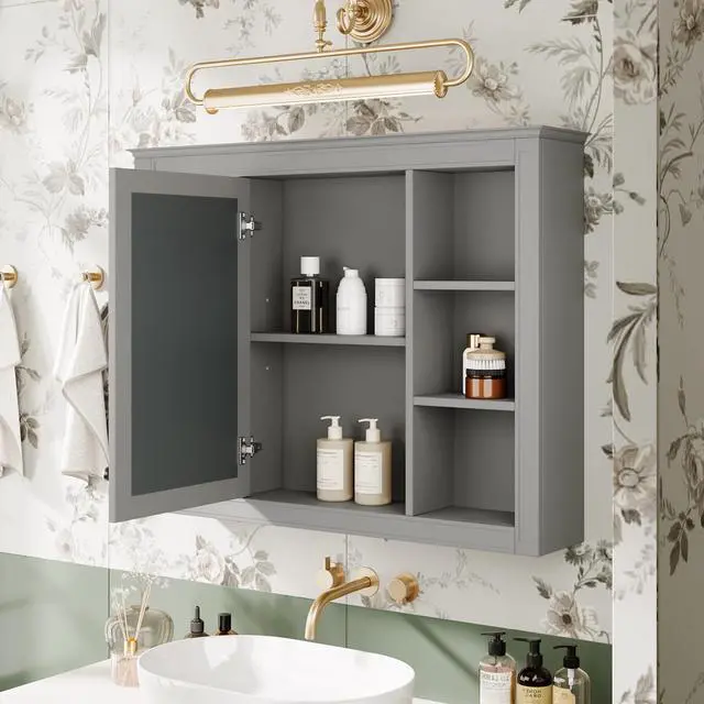 Alt view image 6 of 7 - 35'' x 28'' Medicine Cabinet, Wall Mounted Bathroom Storage Cabinet, Modern Bathroom Wall Cabinet with Mirror, Mirror Cabinet with 6 Open Shelves (Not Include Bathroom Vanity )