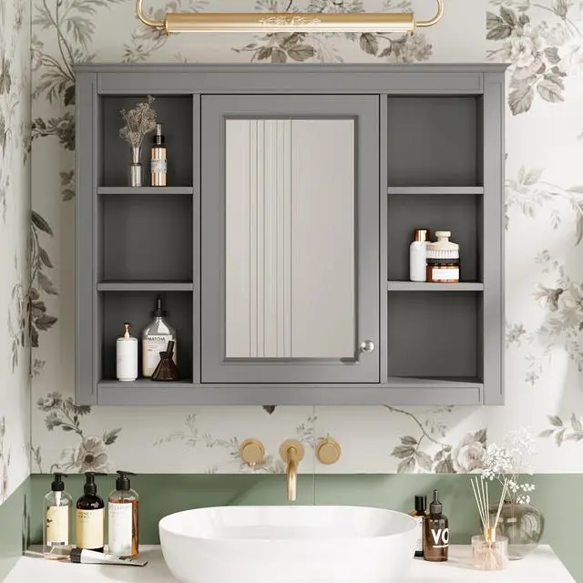 Alt view image 5 of 7 - 35'' x 28'' Medicine Cabinet, Wall Mounted Bathroom Storage Cabinet, Modern Bathroom Wall Cabinet with Mirror, Mirror Cabinet with 6 Open Shelves (Not Include Bathroom Vanity )