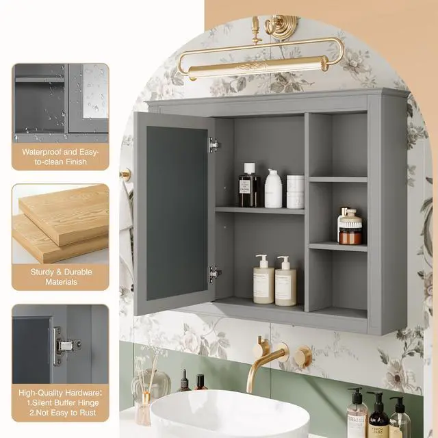 Alt view image 7 of 7 - 35'' x 28'' Medicine Cabinet, Wall Mounted Bathroom Storage Cabinet, Modern Bathroom Wall Cabinet with Mirror, Mirror Cabinet with 6 Open Shelves (Not Include Bathroom Vanity )