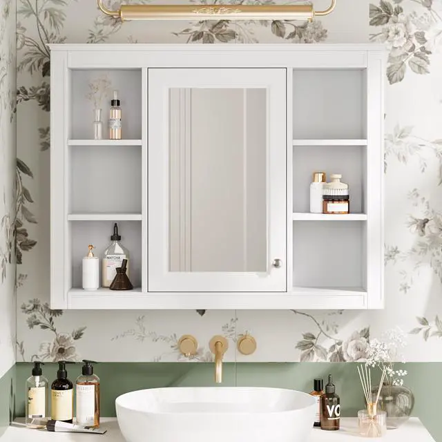 Alt view image 2 of 7 - 35'' x 28'' Medicine Cabinet, Wall Mounted Bathroom Storage Cabinet, Modern Bathroom Wall Cabinet with Mirror, Mirror Cabinet with 6 Open Shelves (Not Include Bathroom Vanity )