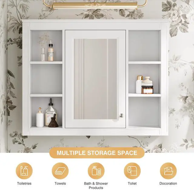 Alt view image 7 of 7 - 35'' x 28'' Medicine Cabinet, Wall Mounted Bathroom Storage Cabinet, Modern Bathroom Wall Cabinet with Mirror, Mirror Cabinet with 6 Open Shelves (Not Include Bathroom Vanity )