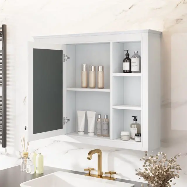 Alt view image 5 of 7 - 35'' x 28'' Medicine Cabinet, Wall Mounted Bathroom Storage Cabinet, Modern Bathroom Wall Cabinet with Mirror, Mirror Cabinet with 6 Open Shelves (Not Include Bathroom Vanity )