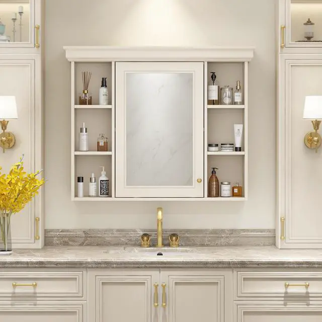 Alt view image 2 of 7 - 35'' x 28'' Wall Mounted Bathroom Storage Cabinet with Mirror Door, Modern Bathroom Wall Cabinet with Mirror, Medicine Cabinet with 6 Open Shelves