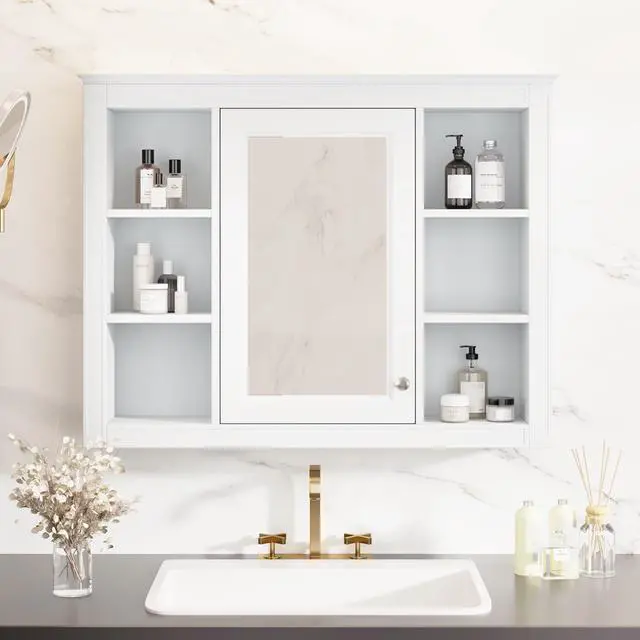 Alt view image 4 of 7 - 35'' x 28'' Medicine Cabinet, Wall Mounted Bathroom Storage Cabinet, Modern Bathroom Wall Cabinet with Mirror, Mirror Cabinet with 6 Open Shelves (Not Include Bathroom Vanity )
