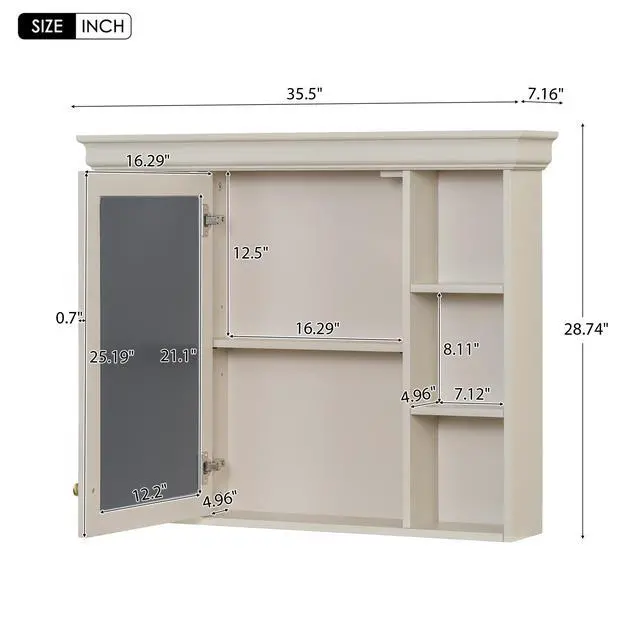 Alt view image 3 of 7 - 35'' x 28'' Wall Mounted Bathroom Storage Cabinet with Mirror Door, Modern Bathroom Wall Cabinet with Mirror, Medicine Cabinet with 6 Open Shelves