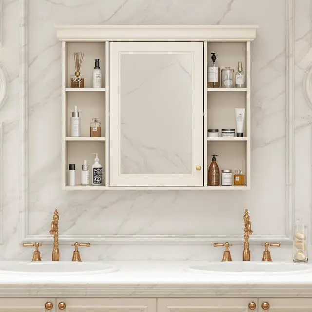 Alt view image 4 of 7 - 35'' x 28'' Wall Mounted Bathroom Storage Cabinet with Mirror Door, Modern Bathroom Wall Cabinet with Mirror, Medicine Cabinet with 6 Open Shelves