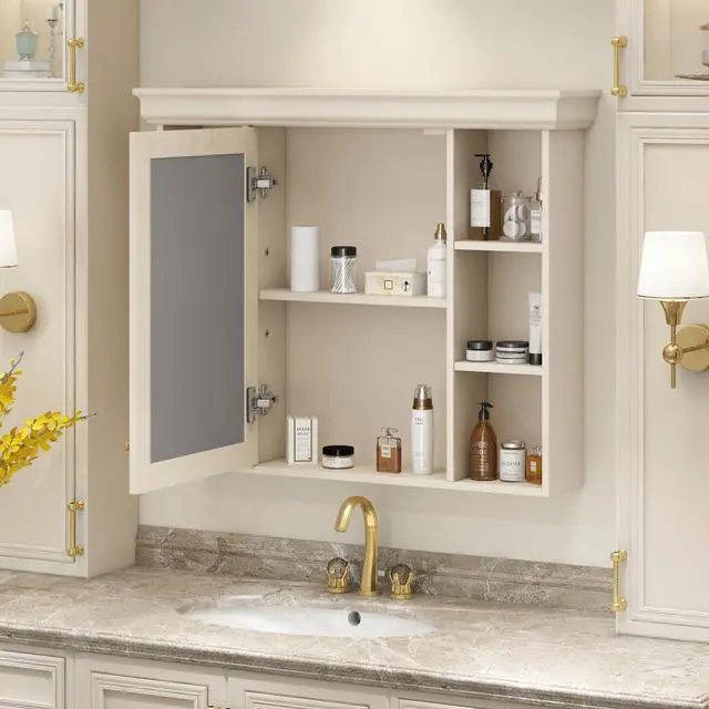 Alt view image 6 of 7 - 35'' x 28'' Wall Mounted Bathroom Storage Cabinet with Mirror Door, Modern Bathroom Wall Cabinet with Mirror, Medicine Cabinet with 6 Open Shelves