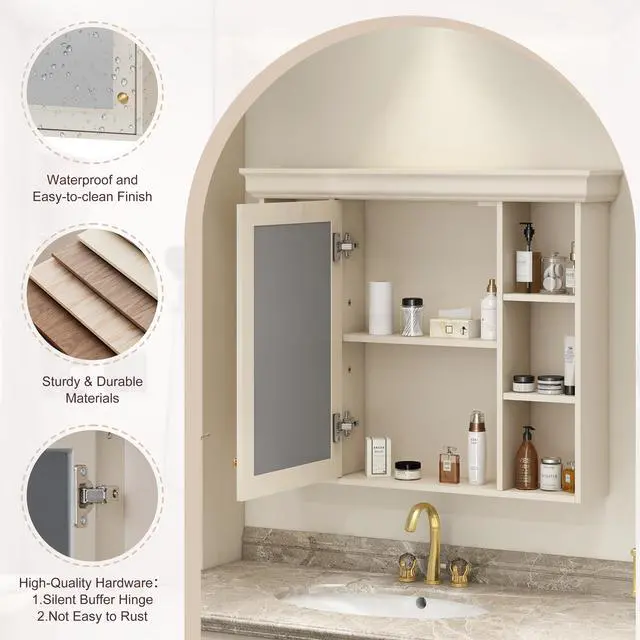 Alt view image 7 of 7 - 35'' x 28'' Wall Mounted Bathroom Storage Cabinet with Mirror Door, Modern Bathroom Wall Cabinet with Mirror, Medicine Cabinet with 6 Open Shelves