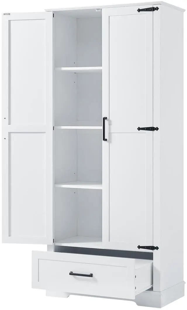 Main image of Tall Bathroom Storage Cabinet, Cabinet with Two Doors and One Drawer, Adjustable Shelf, MDF Board, White